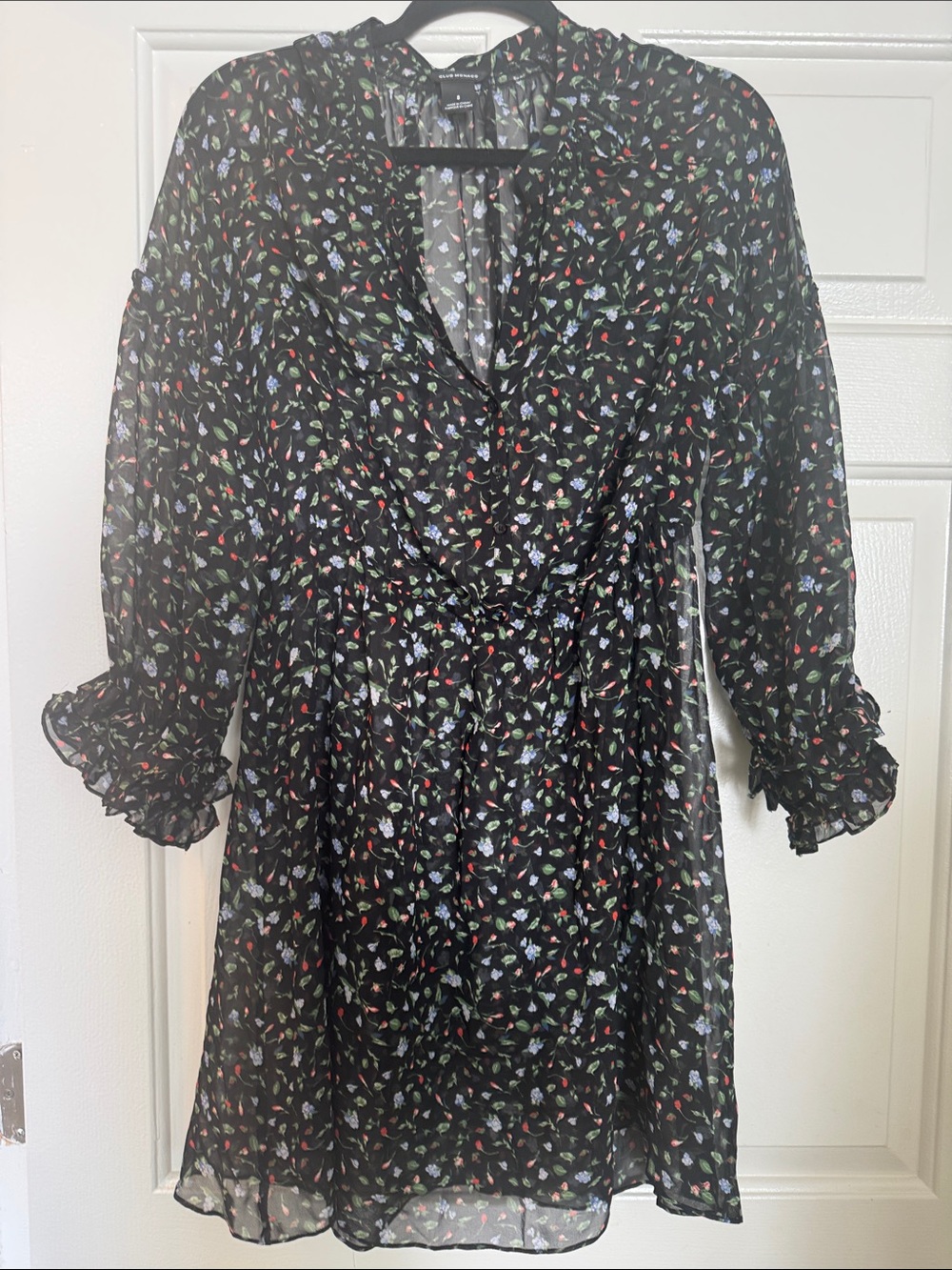 Club Monaco Black Floral Wrap Tunic with Red, Blue and Green Print